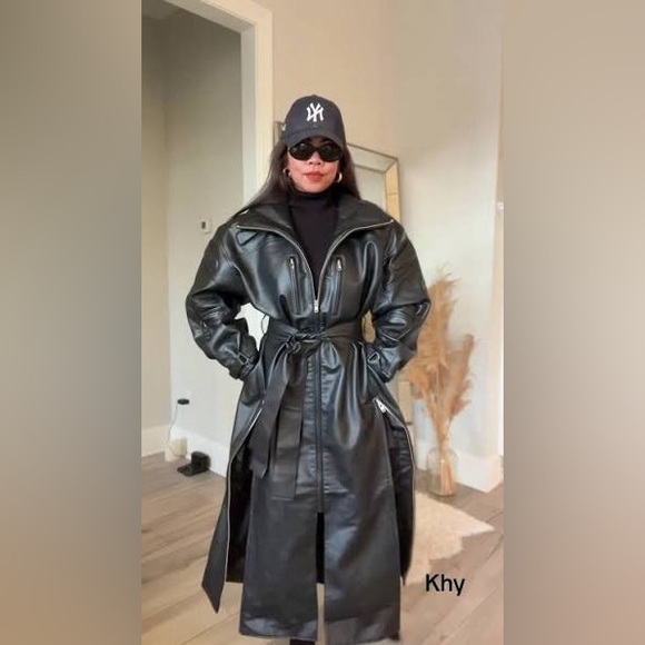 NWT Khy Edgy Black Faux Leather Belted Coat super puff sleeves Sz small - Picture 9 of 9